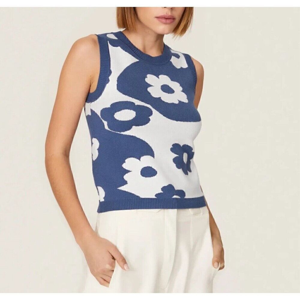LOUNA Sweater Womens Large Blue Floral Knit Tank Sleeveless Abstract